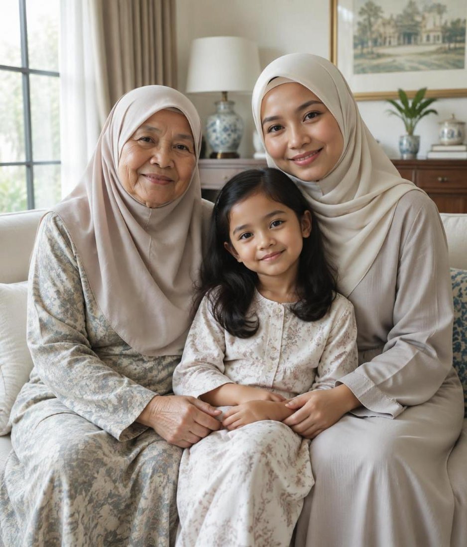 Three generations of a Malaysian family sitting together at home